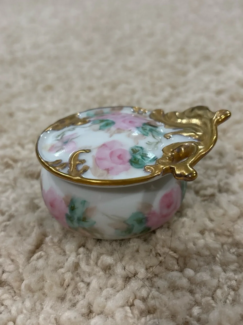 Antique 1910s Hand Painted Floral Porcelain Jewelry Trinket Box Pink Gold Roses